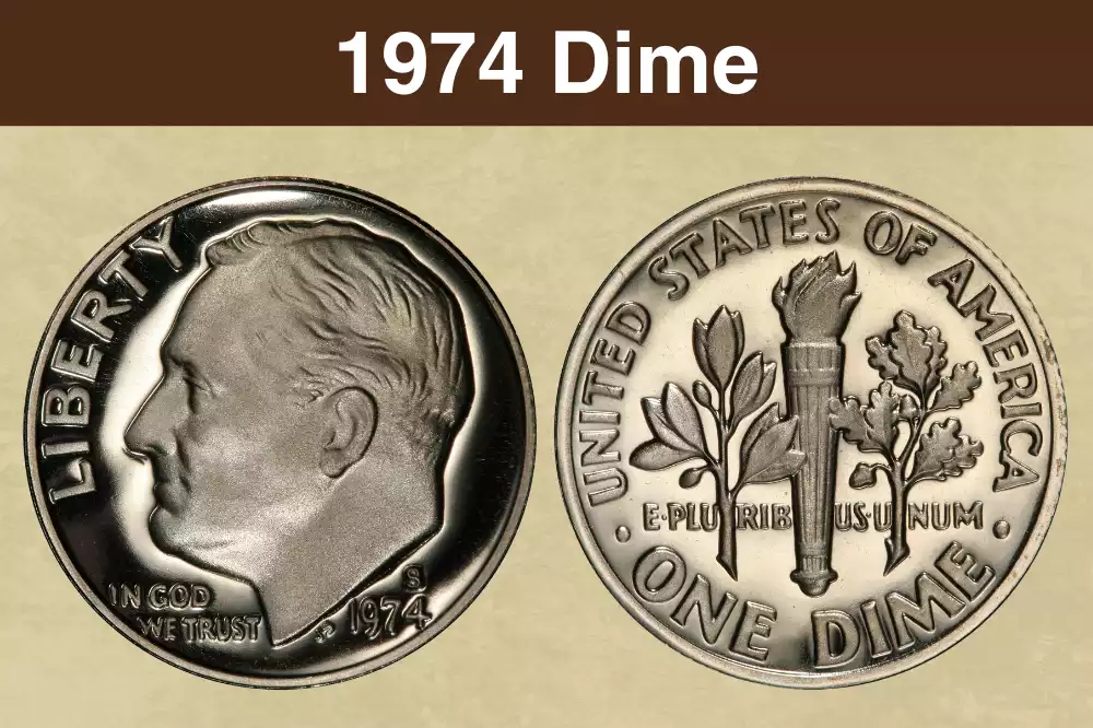 1974 Roosevelt dime obverse and reverse showing date, mint mark area, and torch detail