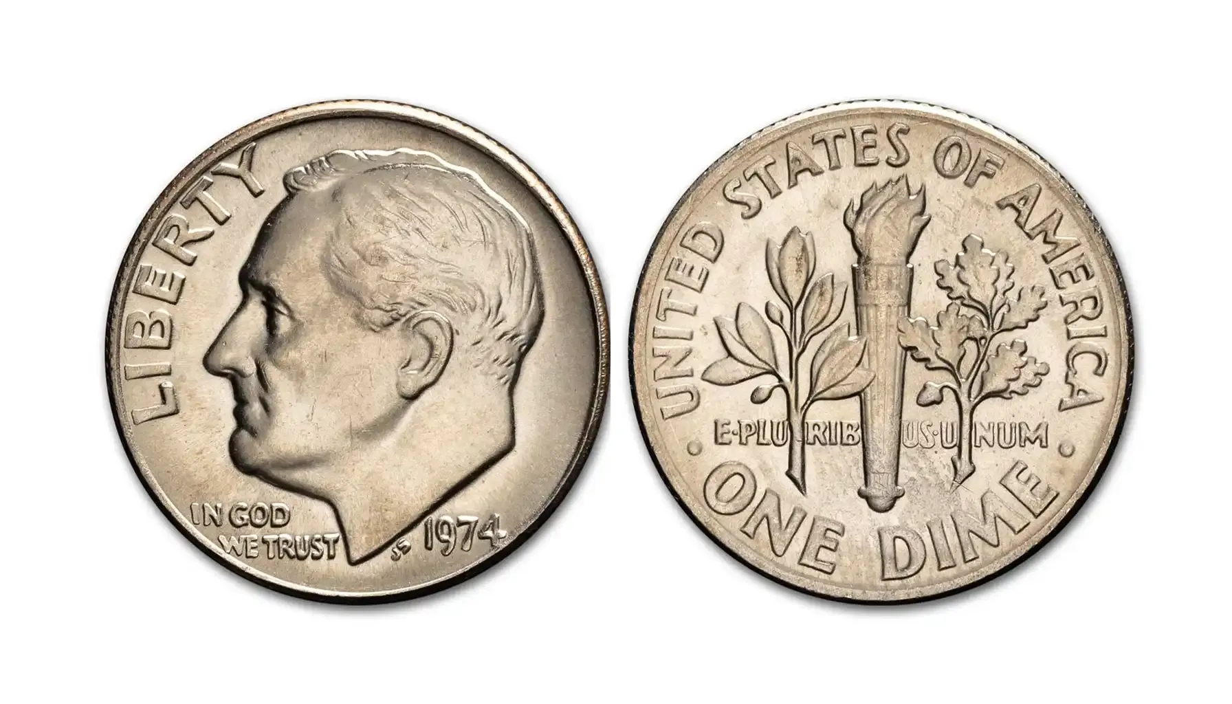 1974-D Roosevelt dime torch comparison: incomplete bands (left) vs Full Bands with complete separation (right)