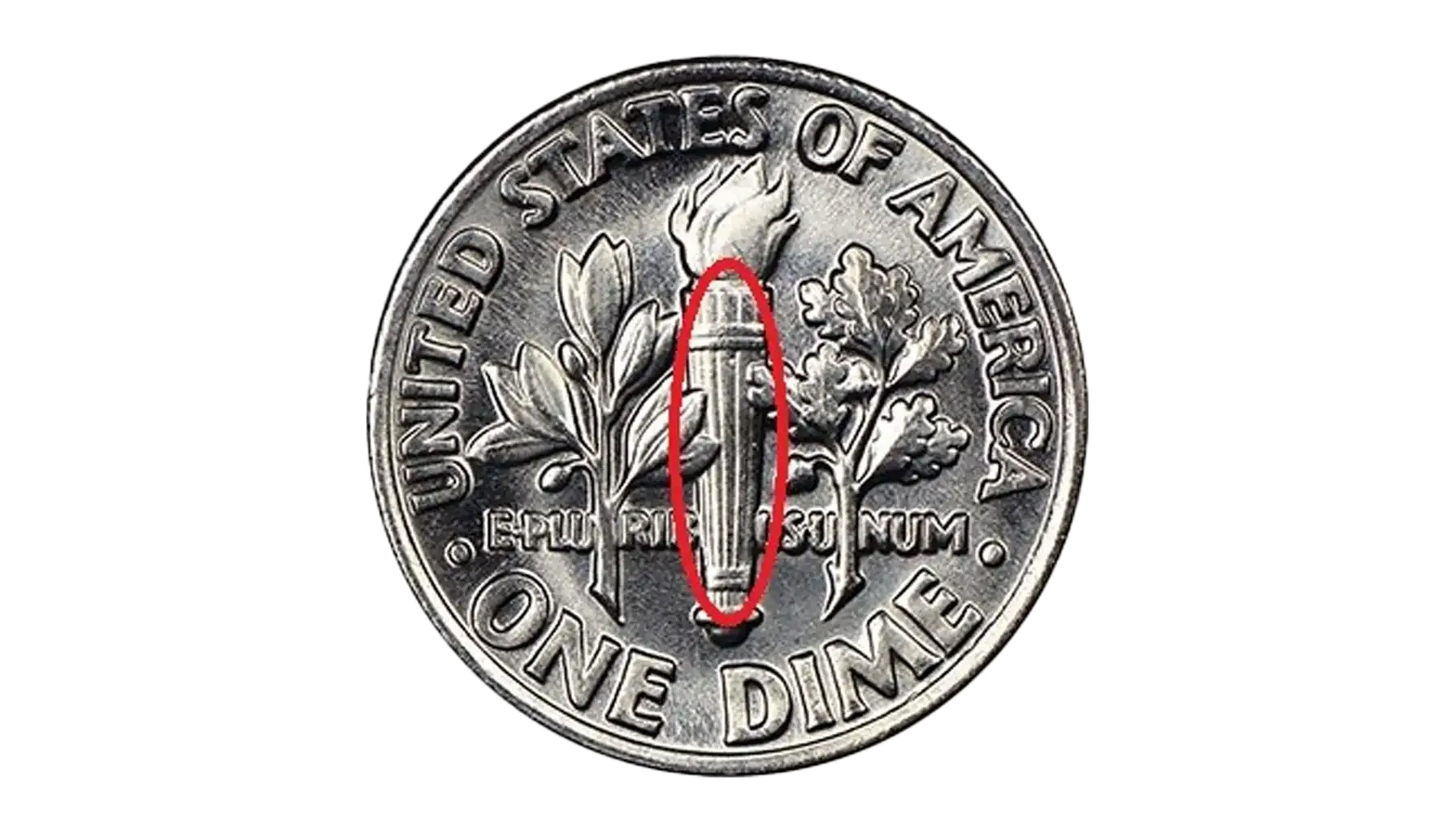 1974-D Roosevelt dime reverse showing Full Bands designation with complete torch band separation