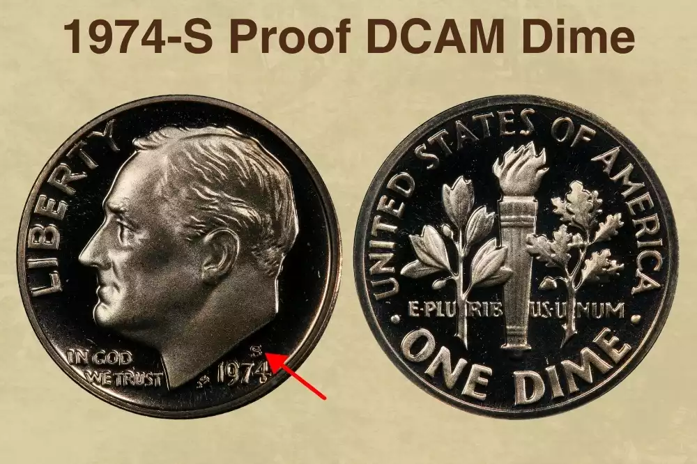 1974-S Roosevelt dime proof coin showing deep cameo contrast with frosted devices and mirror fields