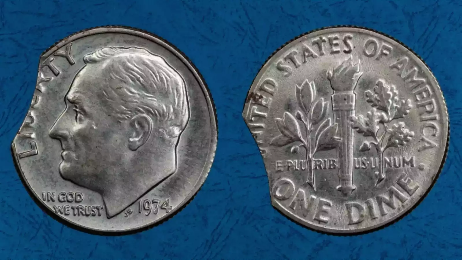 1974 Roosevelt dime wrong planchet error struck on a copper-colored cent blank alongside a normal clad dime for color comparison
