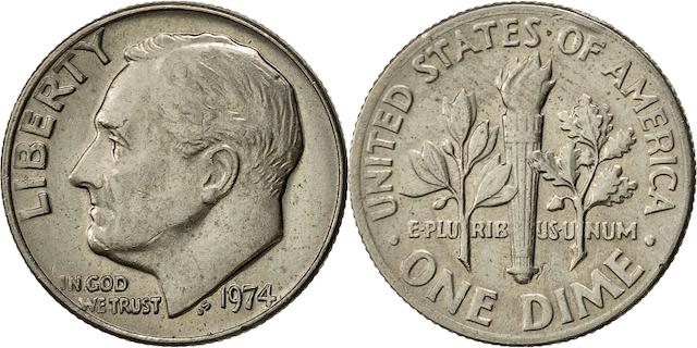 Group of 1974 Roosevelt dimes from all three mints arranged showing Philadelphia, Denver, and San Francisco proof examples