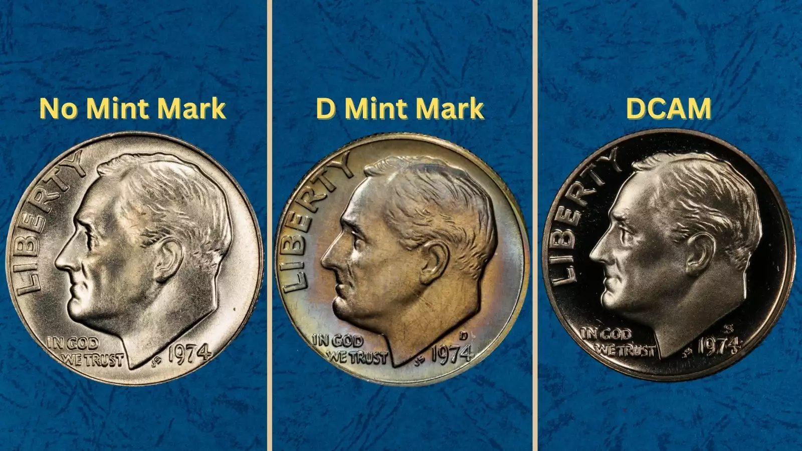 1974 Roosevelt dime grading strip showing four condition tiers from worn to gem uncirculated side by side